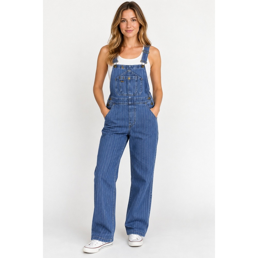 NWT Faherty Topsail Overalls Womens M Blue Railroad Stripe Organic Cotton